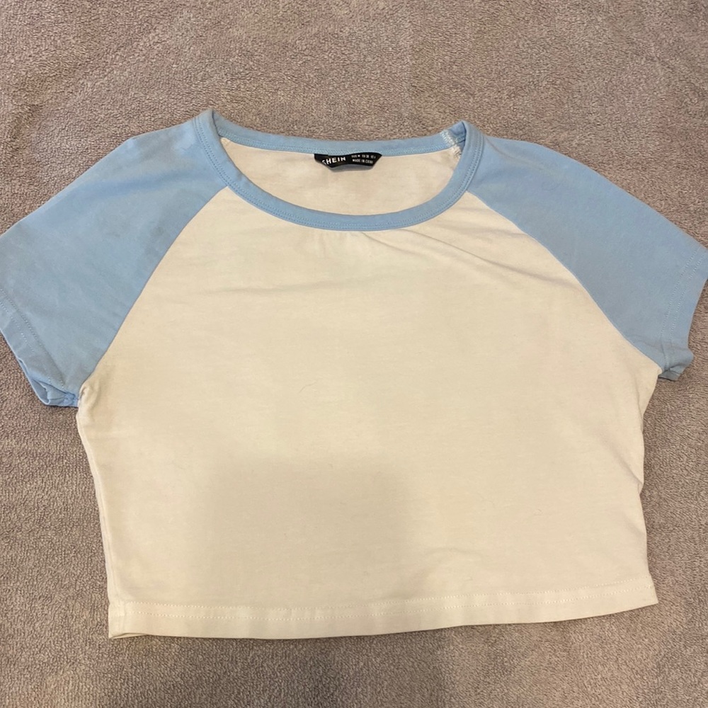 blue and white crop top